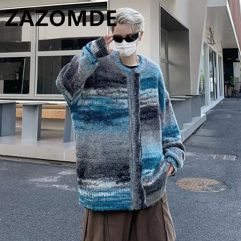 ZAZOMDE Winter Punk Knitted Sweaters Men Stripe Designer Oversized Harajuku Streetwear Sweaters Fall Hip Hop Cardigan Jumper Top