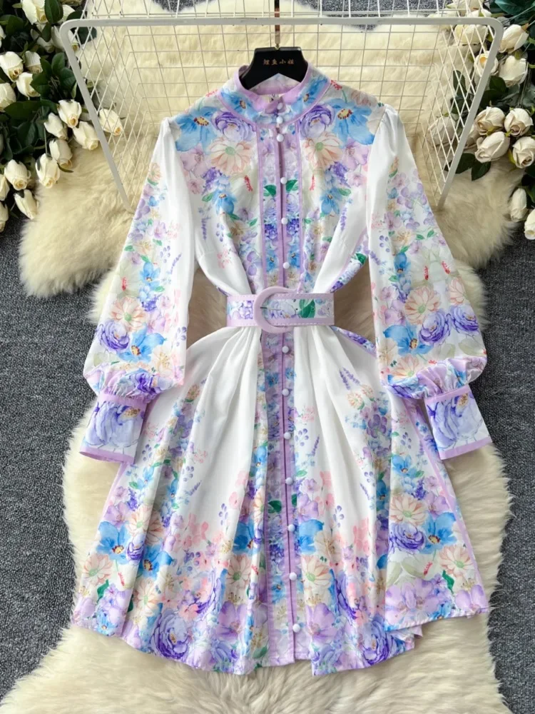 

Hikigawa Chic Fashion Women Vintage Stand Collar Single Breasted Dress Elegant Floral Print Slim Casual Short Vestidos Mujer