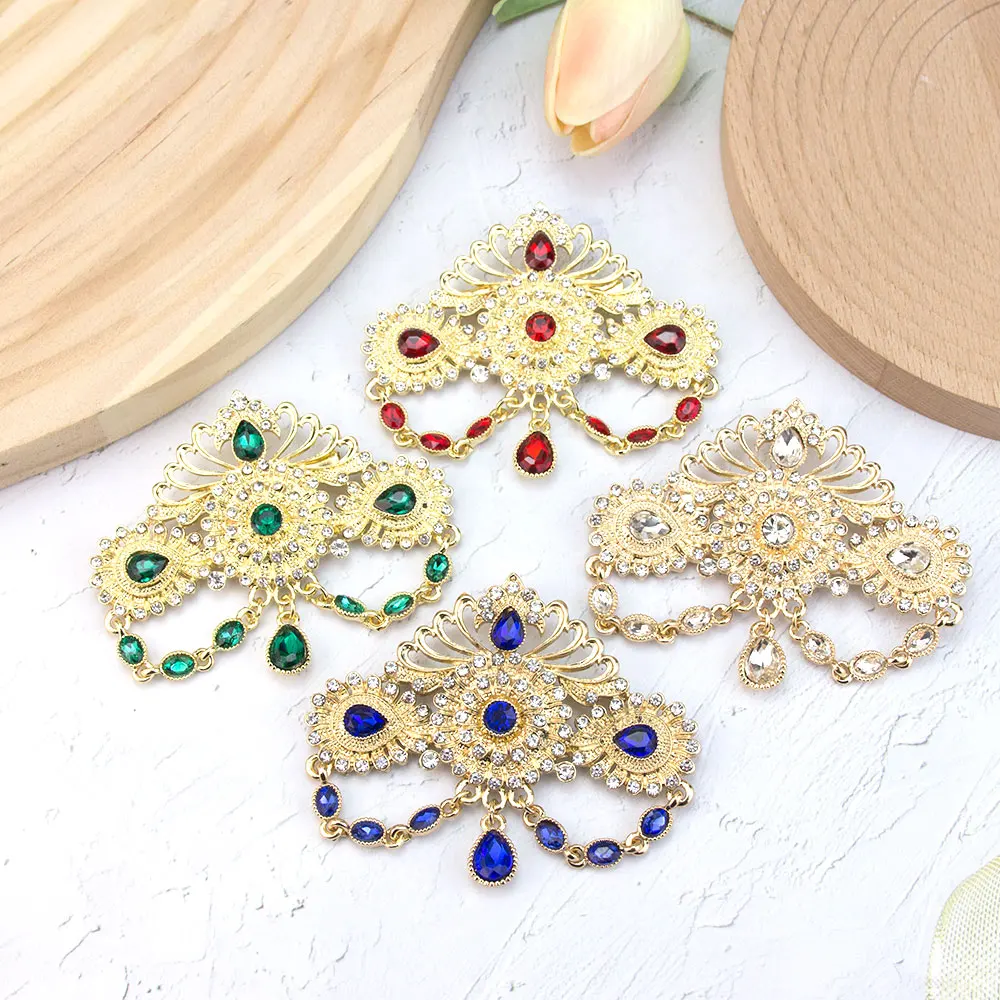 Sunspicems Gold Color Moroccan Bijoux Women Brooch Arabic Hijab Caftan Pins Crystal Rhinestone Tassels Bridal Wedding Jewelry