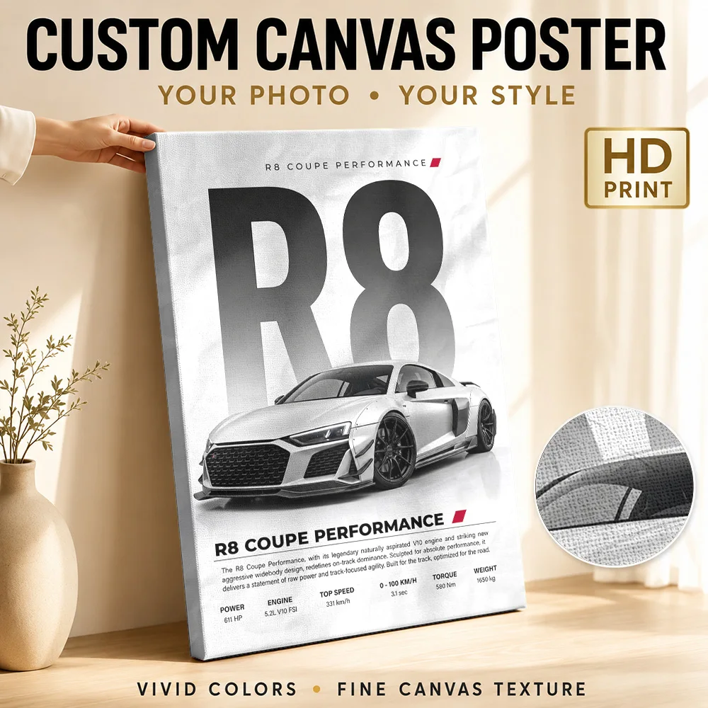 Matte White German R8 Coupe Performance Framed Canvas Print Poster Personalized Photo Dynamic Garage Wall Paintings Decoration