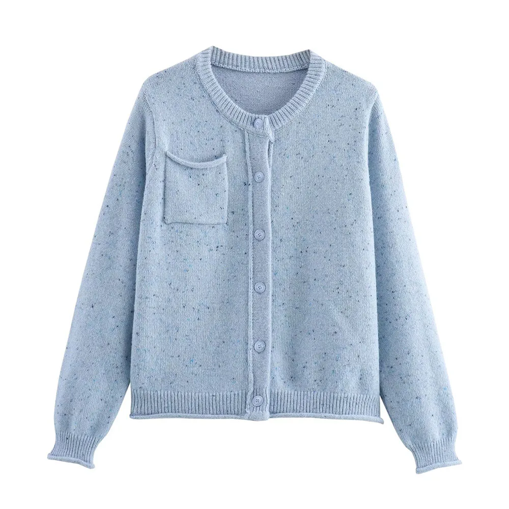 

2024 Autumn Women's New Casual Slimming Simple Flower Yarn Dot Pocket Round Neck Long Sleeve Knitted Cardigan Sweater