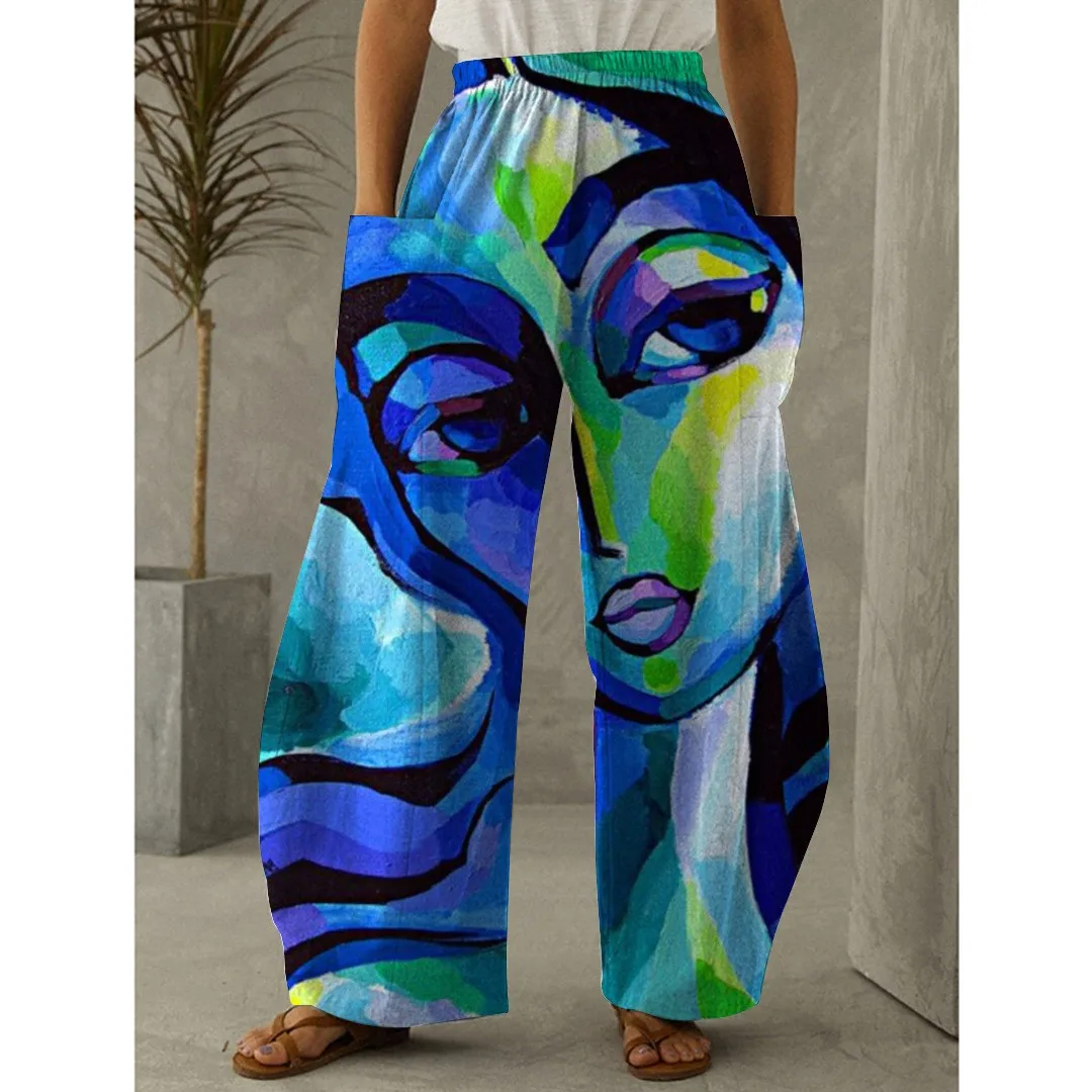 Creative Character Print Fashion Digital EuropeAn-American Style Loose Straight Pants,  Fashionable Street Ladies Clothing