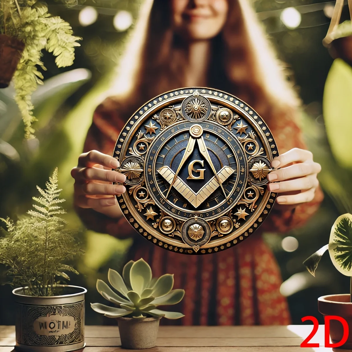 مسطح ثنائي الأبعاد، قطعة واحدة من ديكور الحائط الماسوني العتيق - رمز الماسوني الأسود والذهبي مع التروس والنجوم وإكليل الغار - ألومي شديد التحمل