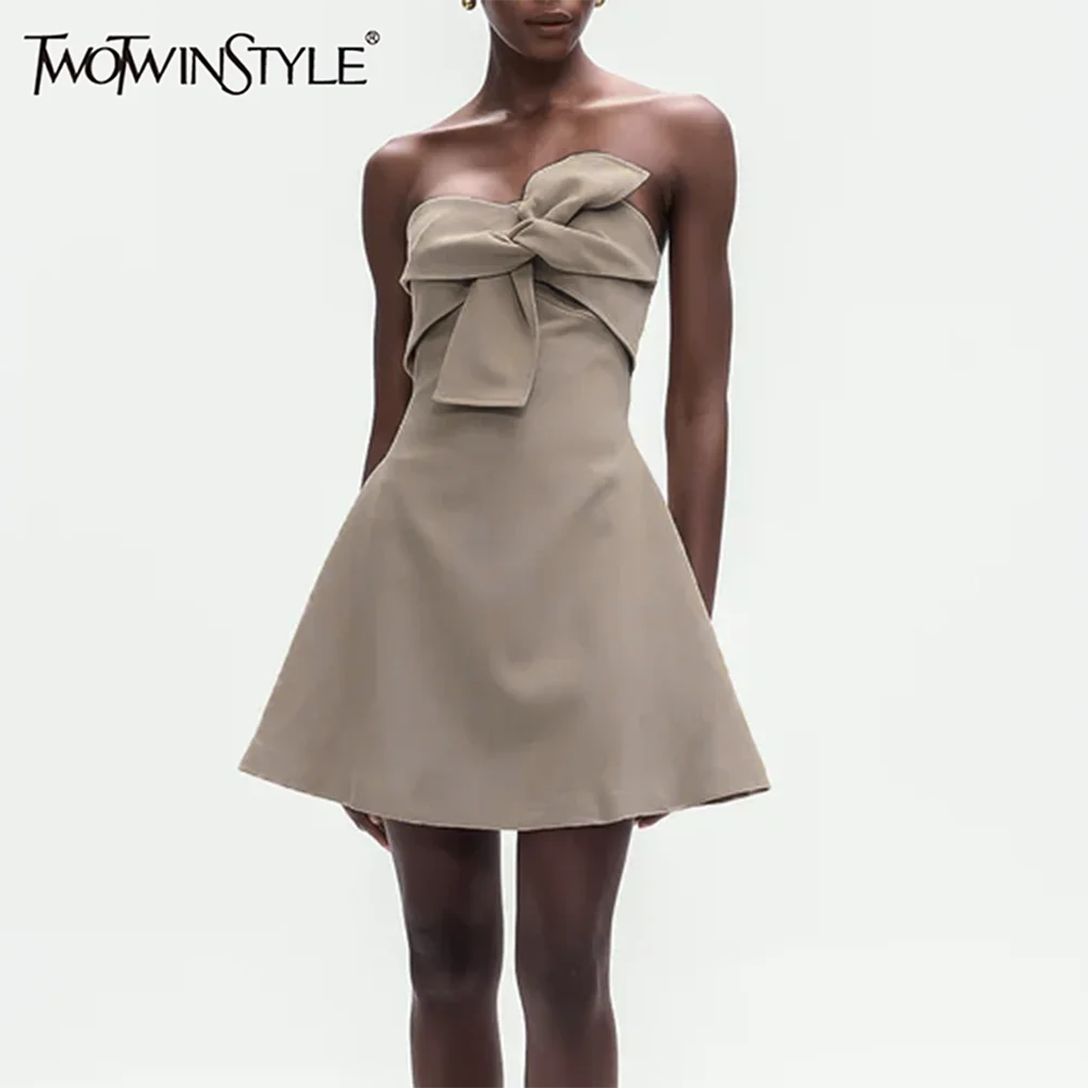 

TWOTWINSTYLE Solid Spliced Bowknot Minimalist Dresses for Women Strapless Sleeveless Temperament Mini Dress Female Clothing New