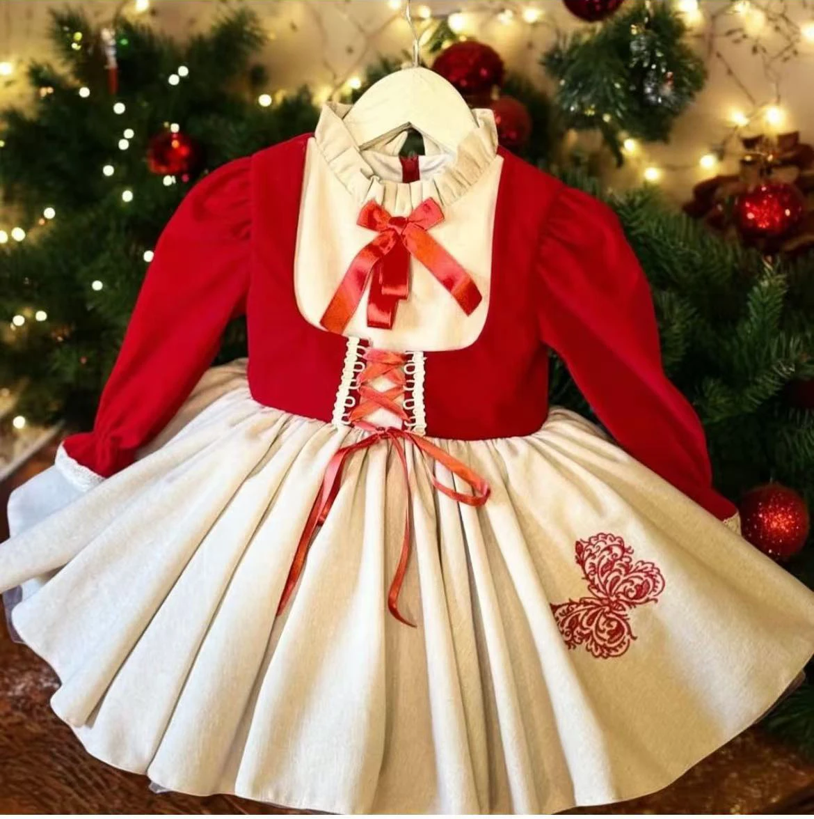 

0-12Y Baby GirlAutumn Butterfly Embroidery Vintage Princess Red Dress for Birthday Photography Holiday Eid Christmas C170