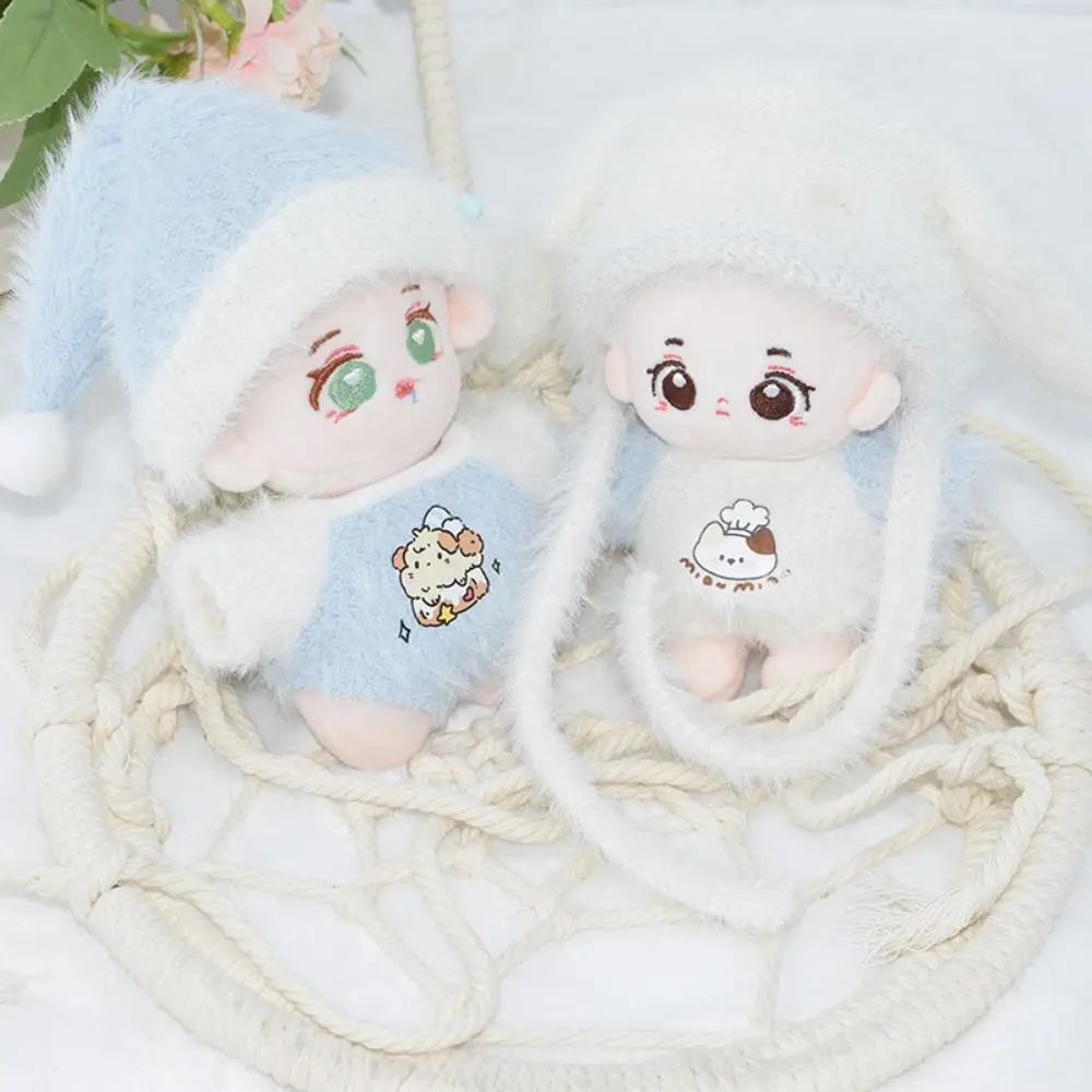 10cm Doll Clothes Cartoon Dog Blue White Doll Plush Jumpsuits Set Photo Prop Playing House Miniature Cap Pajamas