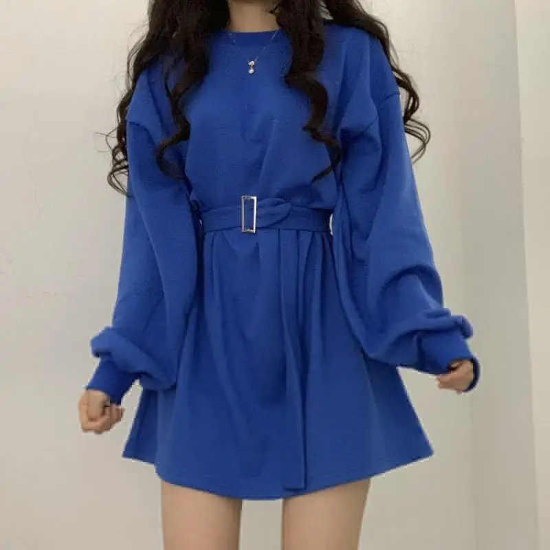 Long Sleeve Dress Women Solid Harajuku Retro High Waist Casual Streetwear Autumn Fashion Sashes Slim Korean Style Cozy A-line