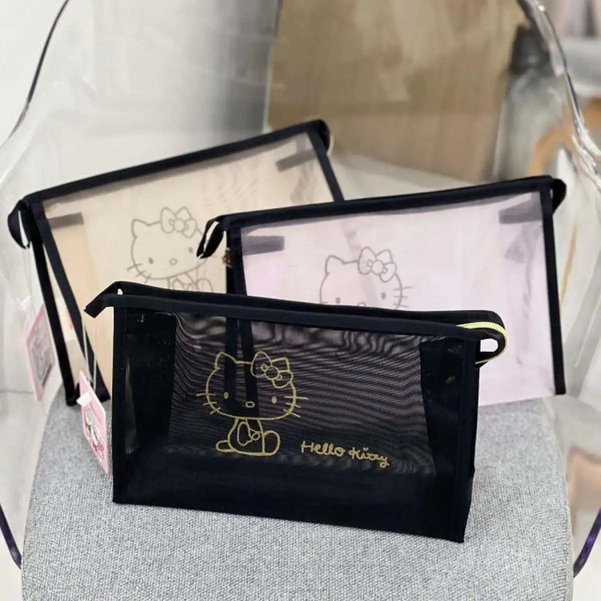 

Sanrio Hello Kittys Kawaii сетчатая косметичка женская дорожная деловая поездка мультфильм дышащая новая портативная маленькая модная косметичка