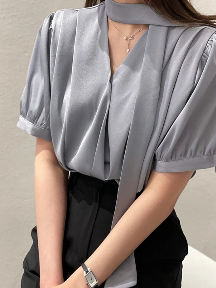 시크한 여성용 버블 슬리브 셔츠 리본 타이 우아한 분위기 한국 스타일 하이웨이스트 반팔 단색 탑