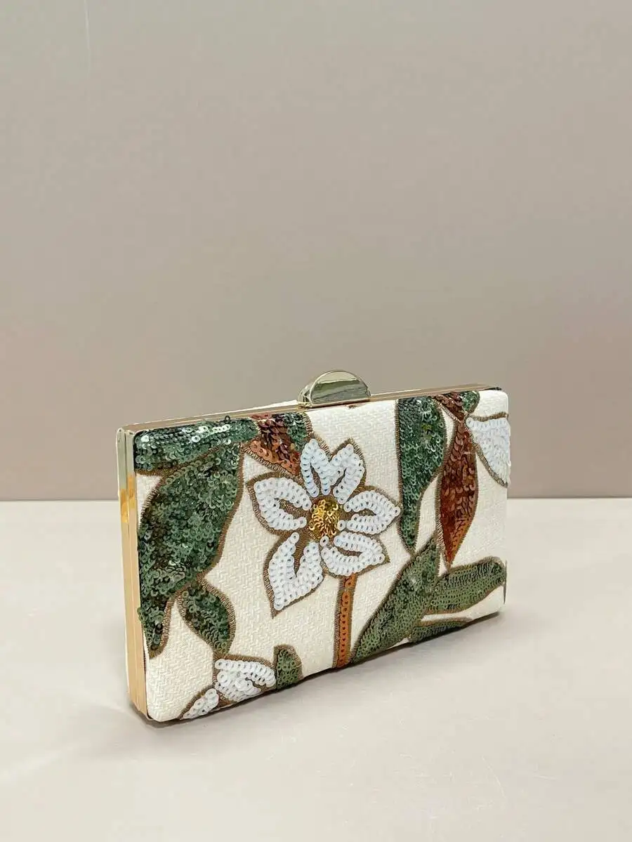 Sequin Embroidered Floral Clutch Bag For Women Evening Party Wedding Handbag