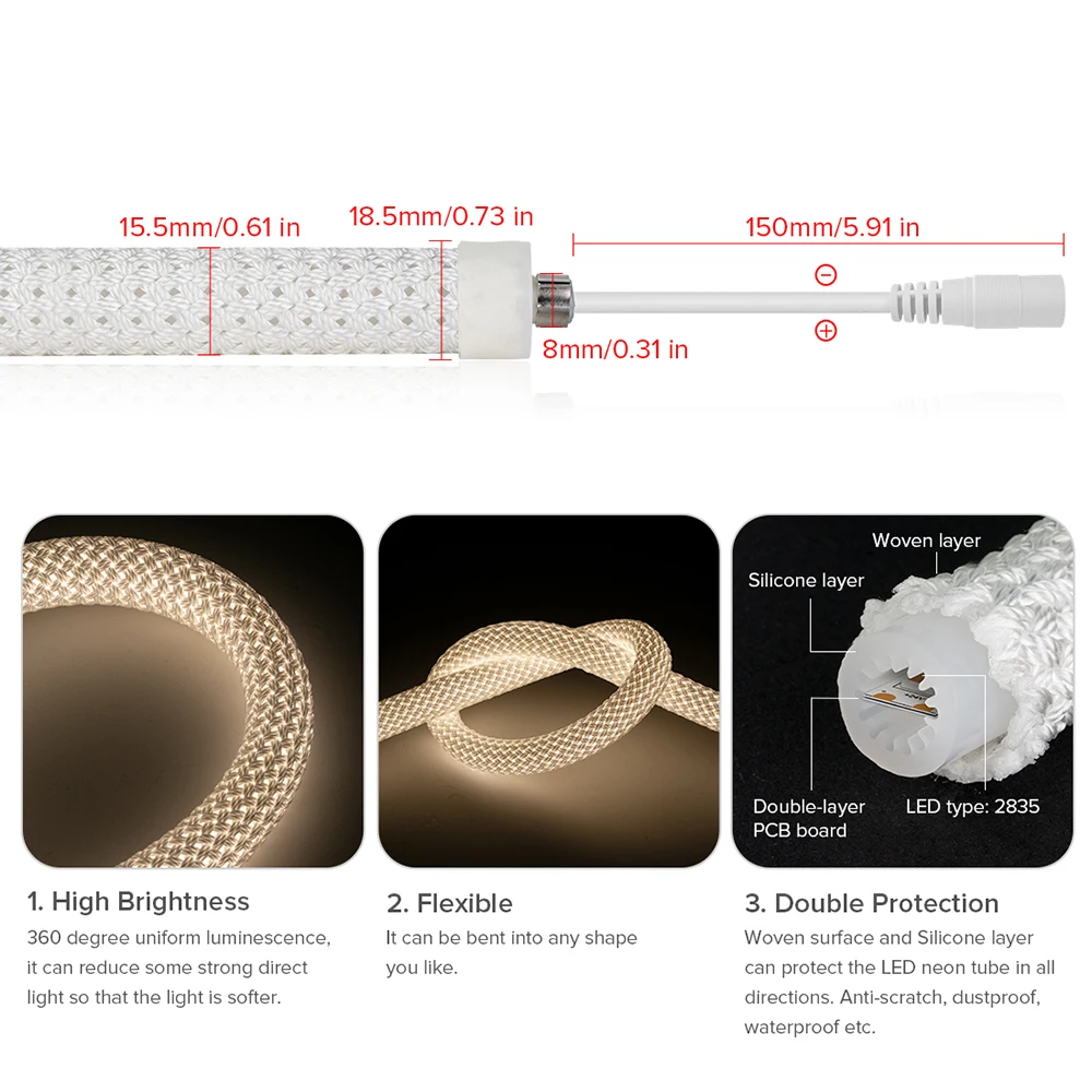 5M 360 Degree Round Reticulate Neon Tube Dim LED Strip Light DC24V Cool Nature Warm White High Density Flexible 240 Leds/m IP67