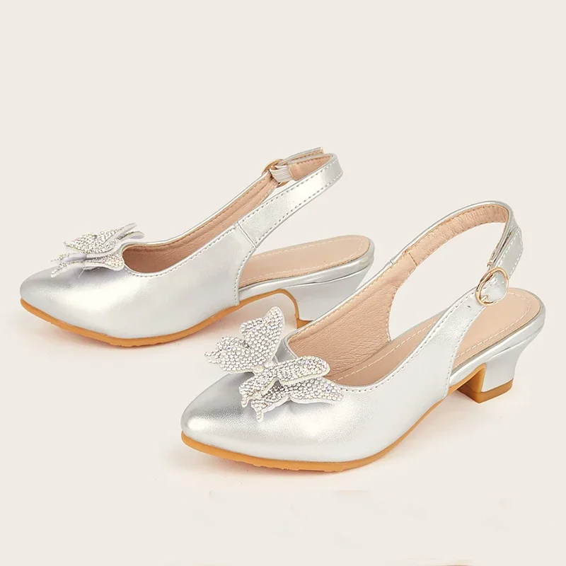 2025 New Girls' Princess Shoes Fashion Pointed-toe Rhinestone Butterfly Children's High Heels Girls' Sandals for Ages 7-12T