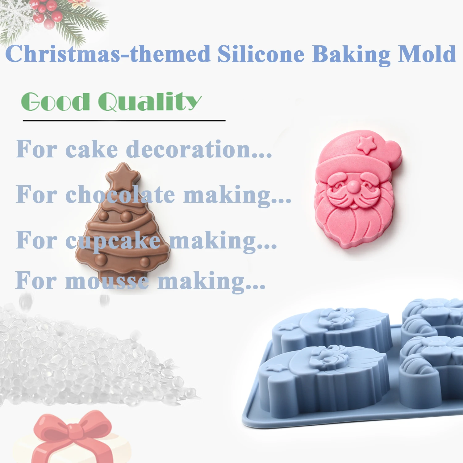 A 6-cavity Christmas-themed silicone baking mold, non-stick and easy to release, made of food-grade silicone, featuring Santa Claus, candy cane, and Christmas tree shapes, suitable for making cakes, chocolates, Christmas decorations, etc. Ideal for beginners DIY, Christmas-themed, creative baking