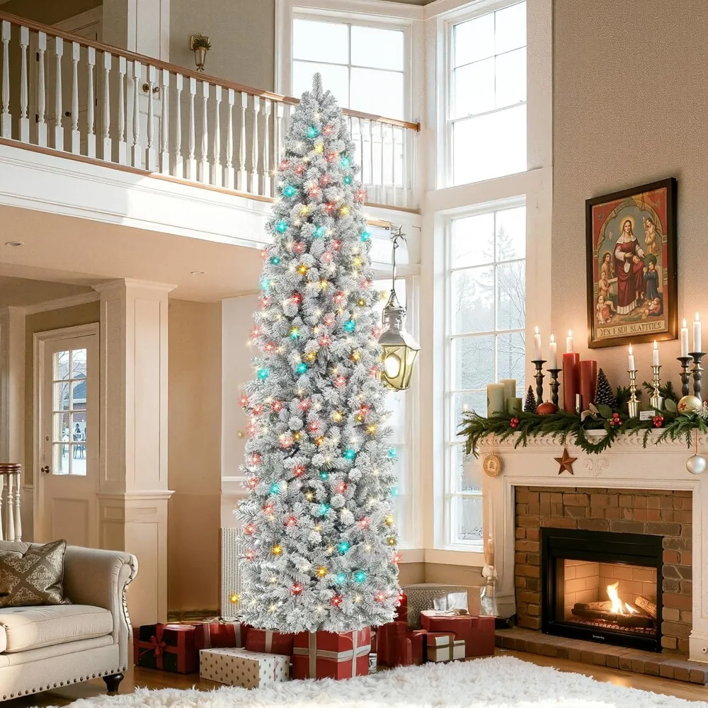 Star 9 Foot Flocked Pre-lit Christmas Tree with 546 LED Lights, App-Controlled Skinny Pencil Artificial Christmas Tree, Multi-Co