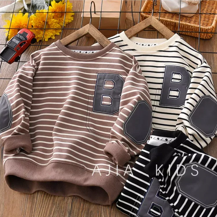 

Children's Spring And Autumn Boys Children's Long-Sleeved Striped Top Western Fashion Boys Wear Hoodie Top For 4-12 Years Old