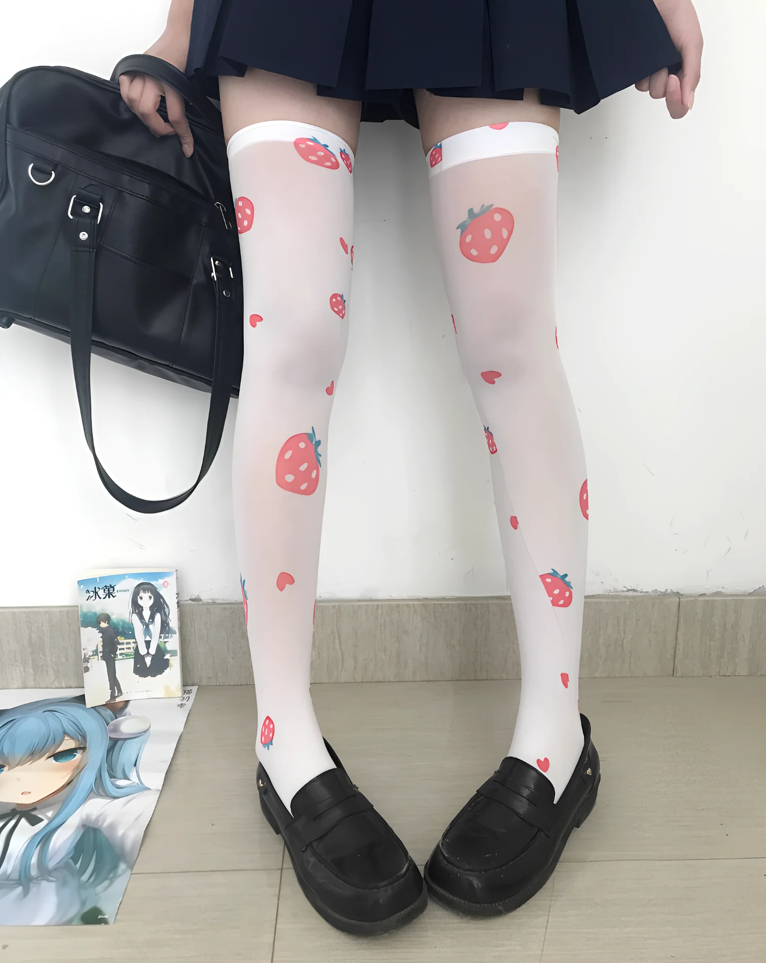 Pink strawberry ladies long stockings fashion Kawaii cute striped love knee stockings Lolita JK stockings cosplay