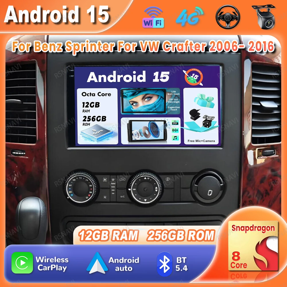 

Автомобильный радиоприемник Android 15 для Benz Sprinter для VW Crafter 2006-2016 Беспроводной Carplay Auto DSP Qualcomm Мультимедиа 4G LTE QLED GPS