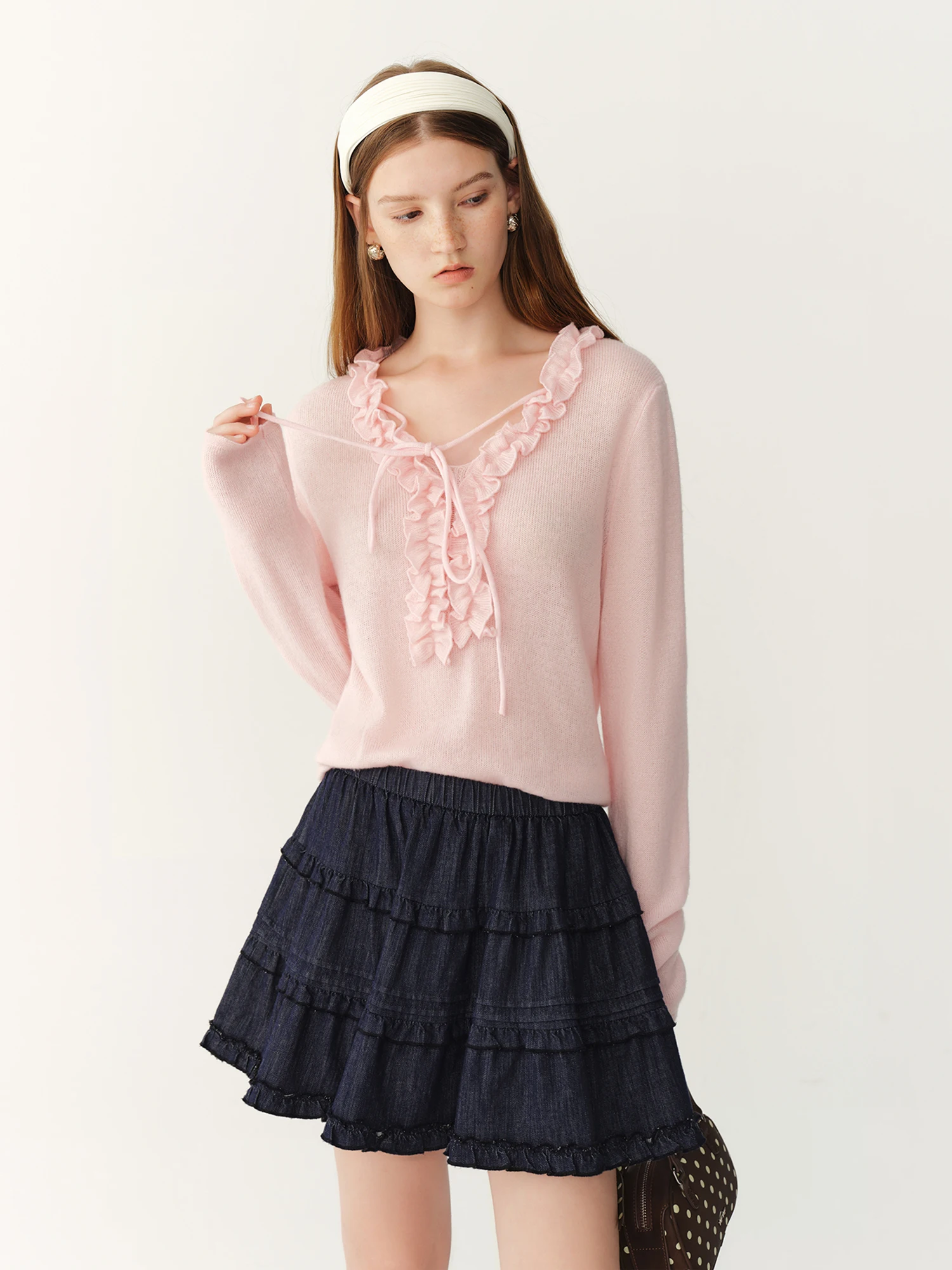 FSLE 2026 Fall Women's Chic Sheer Cashmere Blend Knit Cardigan with Ruffle Trim - Lightweight Elegant Top for Everyday Wear