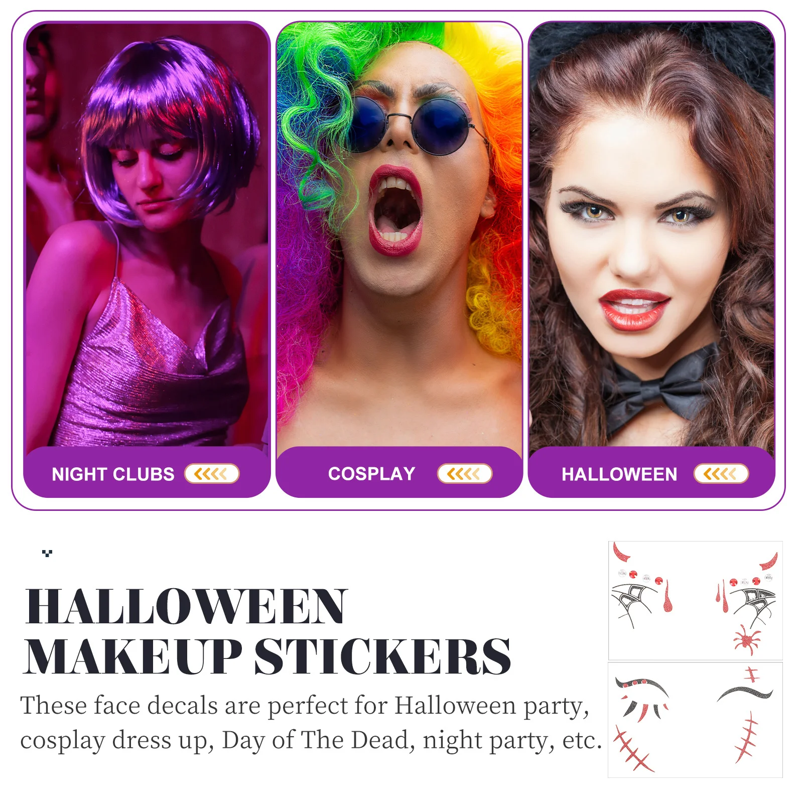 

2 Sheets Halloween Temporary Face Tattoo Stickers Rhinestone Makeup Stickers Party Favors Halloween Cosplay Face Tattoos