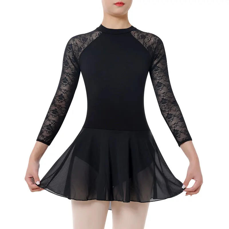 Women\'s Black Ballet Clothes Temperamental Turtleneck Dance Leotard With Druable Skirt Adult Lace Long Sleeve Ballet Dress