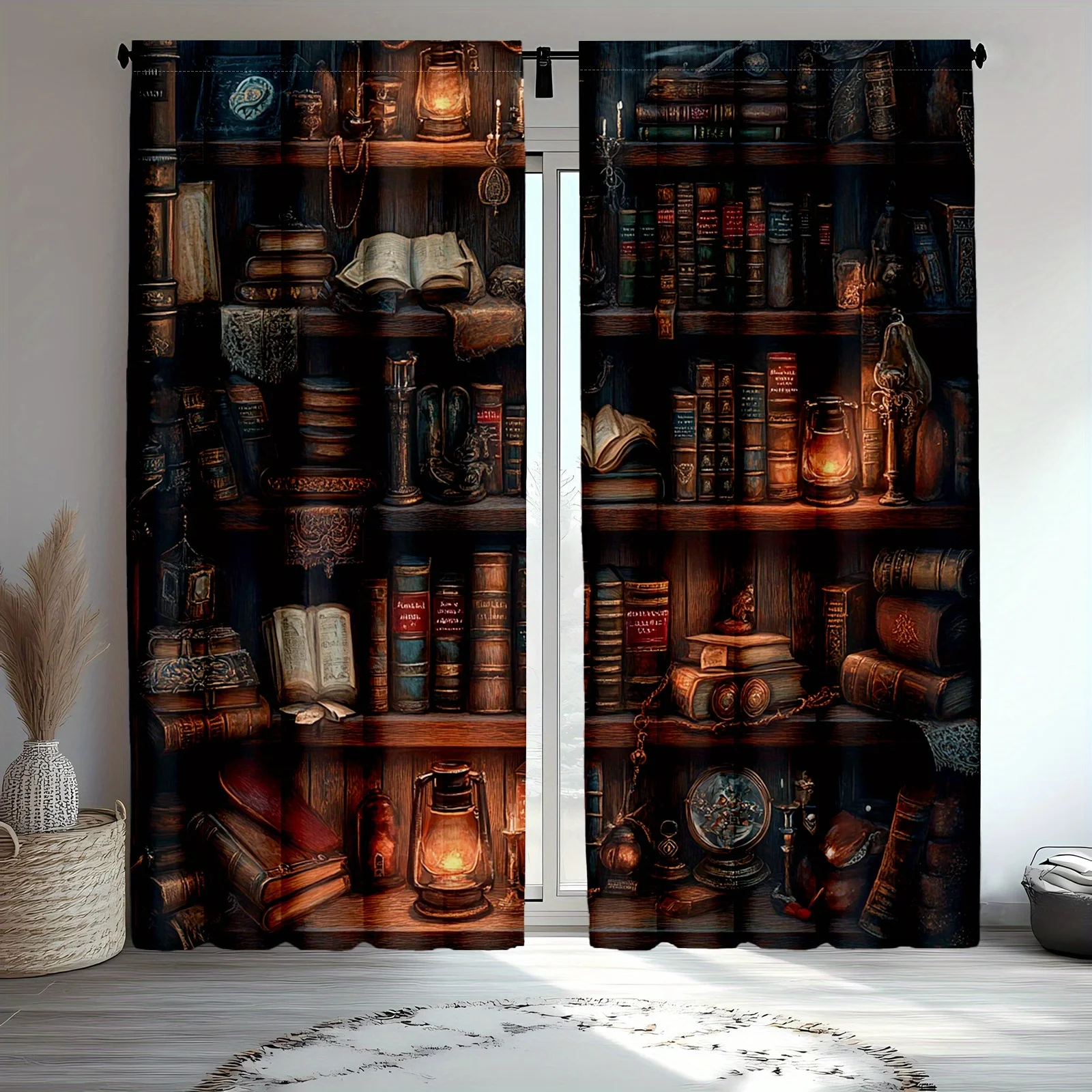 Vintage Library Curtain, Magic Bookshelf Window Drape, Retro Study Room Blackout Panel, Home Office Living Room Decor