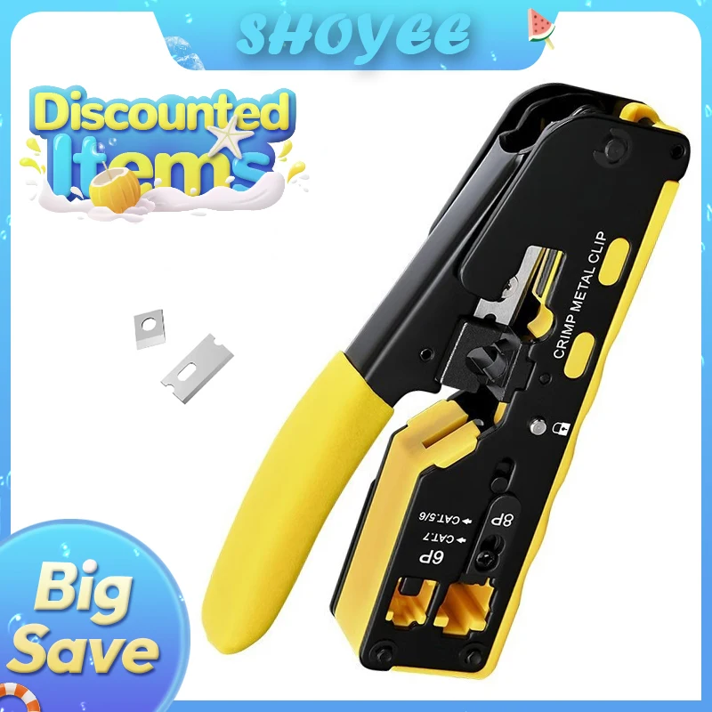 

Rj45 Rj12 Rj11 Pass Through Crimp Plier Cat7 Cat6 Cat6A Cat5 Cat5e Stripping Crimping Tool with 8P/6P Ethernet Connectors