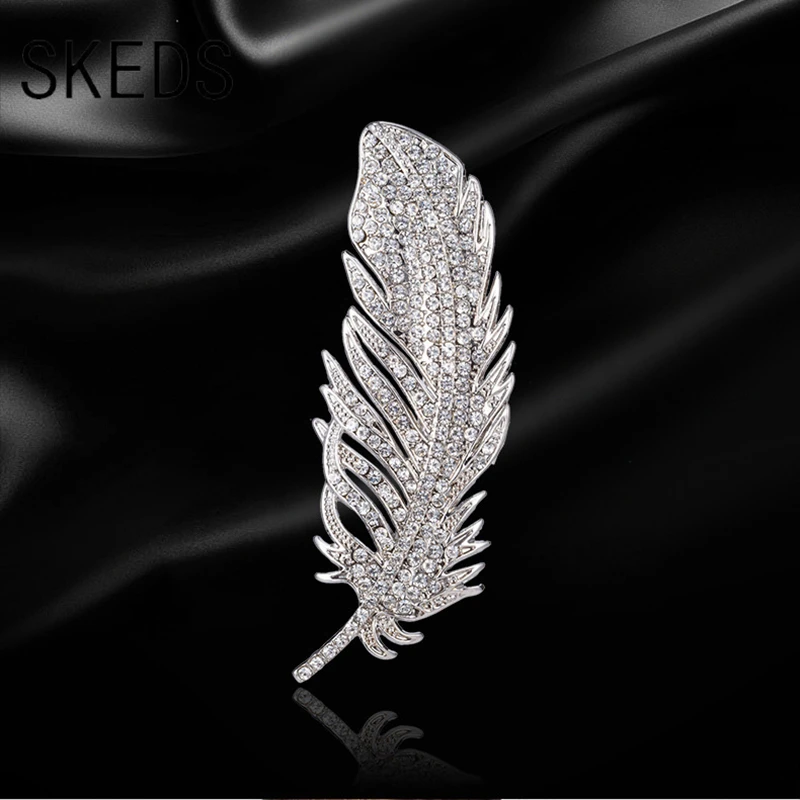 SKEDS Luxury Feather Crystal Brooches For Women Fashion Rhinestone Banquet Party Jewelry Accessories Vintage Badges Brooch Pin