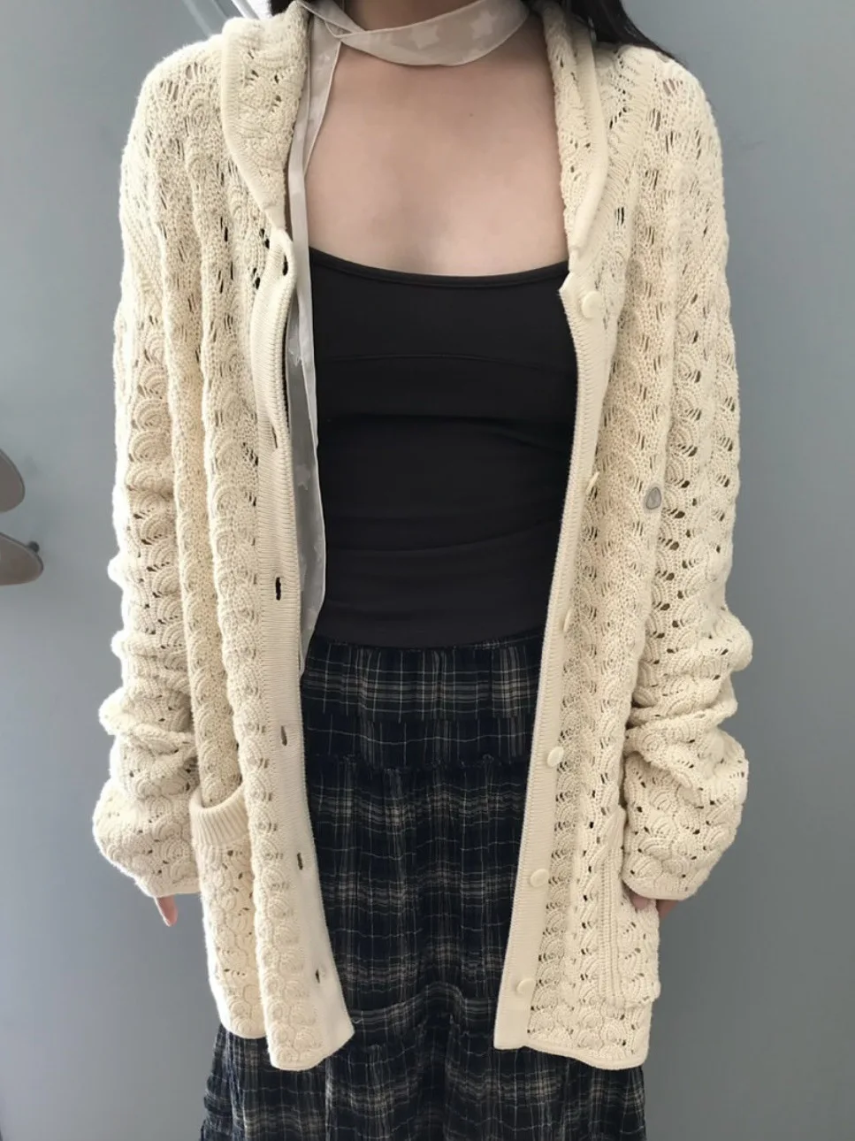 

Loose Knitted Cardigan Sve Long Casual Sle Basic Model Medium Thi Cotton Women's Coat for Autumn Season