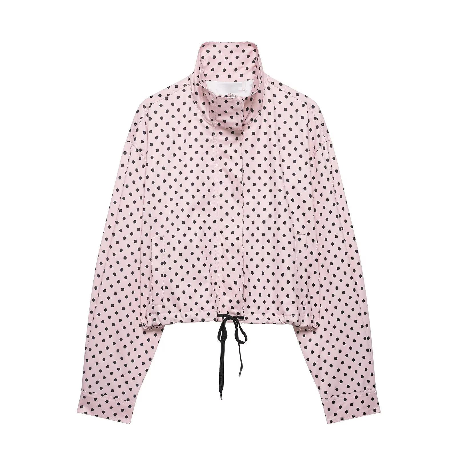 HH Mode Dames Polka Dot Print Korte Jassen Herfst Lange Mouwen Coltrui Rits Met Zakken Trekkoord Casual Jas