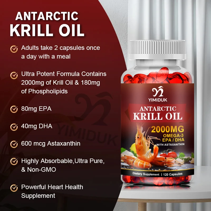 Antarctic Krill Oil 2000mg 120 Capsules, Omega-3 EPA, DHA, with Astaxanthin Supplement Sourced from Red Krill, Maximum Strength