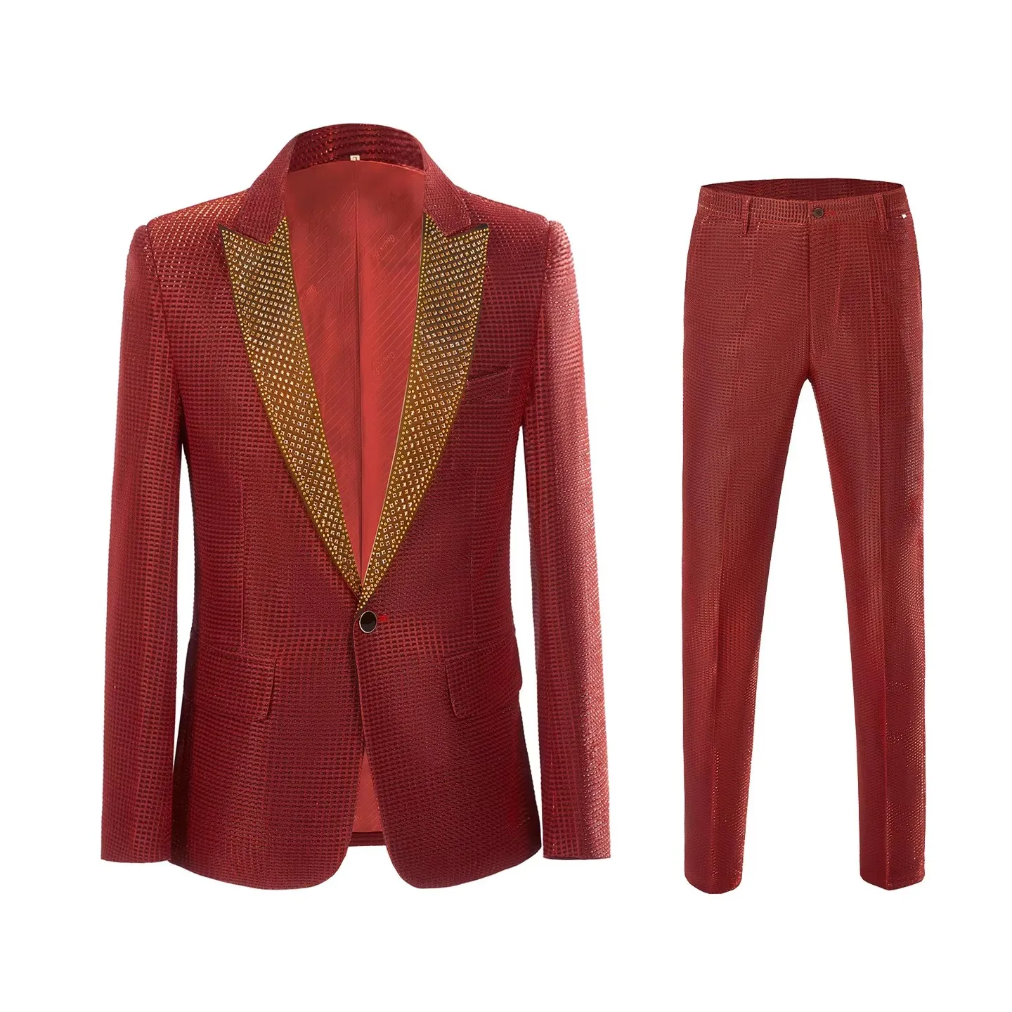 

Men's Slim Casual Red Rhinestones Two-Piece Set Fit Groom Wedding Suit Stylish Blazers And Pants Combo Stage Performers Wear