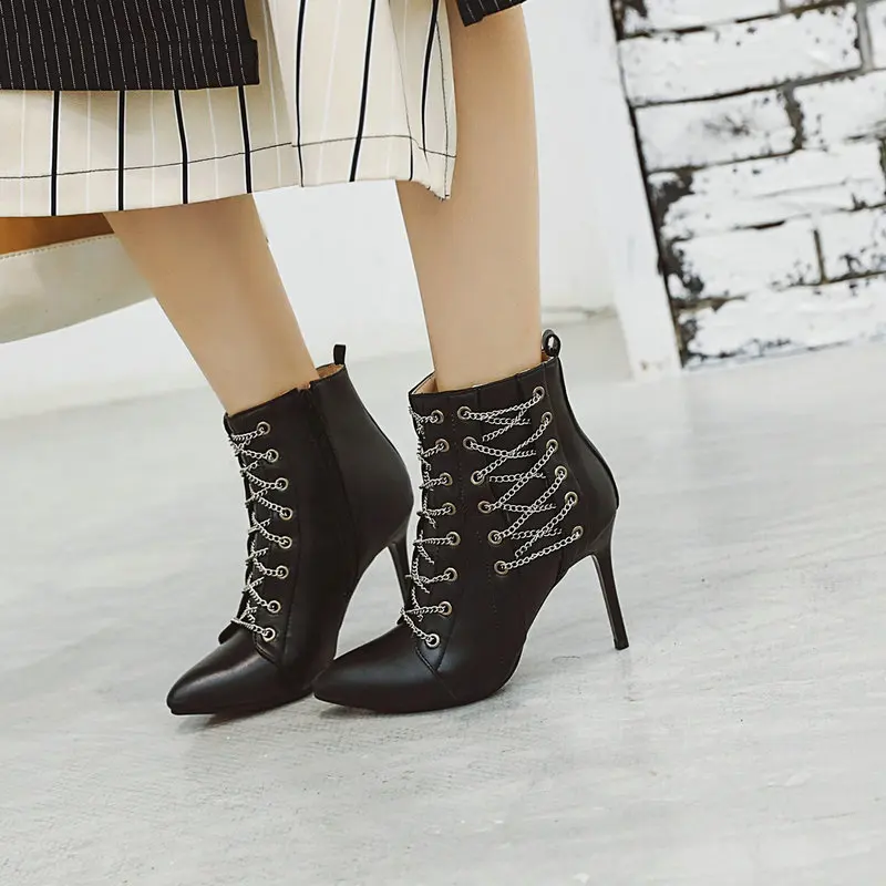 Women Ankle Boots 2024 Autumn Winter Stiletto Booties Cross Chain Decorate Thin High Heels PU Leather Size 34-50 Fashion Pumps