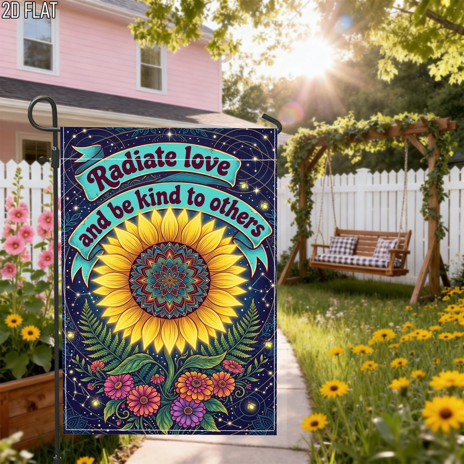 1pc Radiate Love Sunflower Mandala Garden Flag Boho Kindness Floral Yard Banner Outdoor Decor