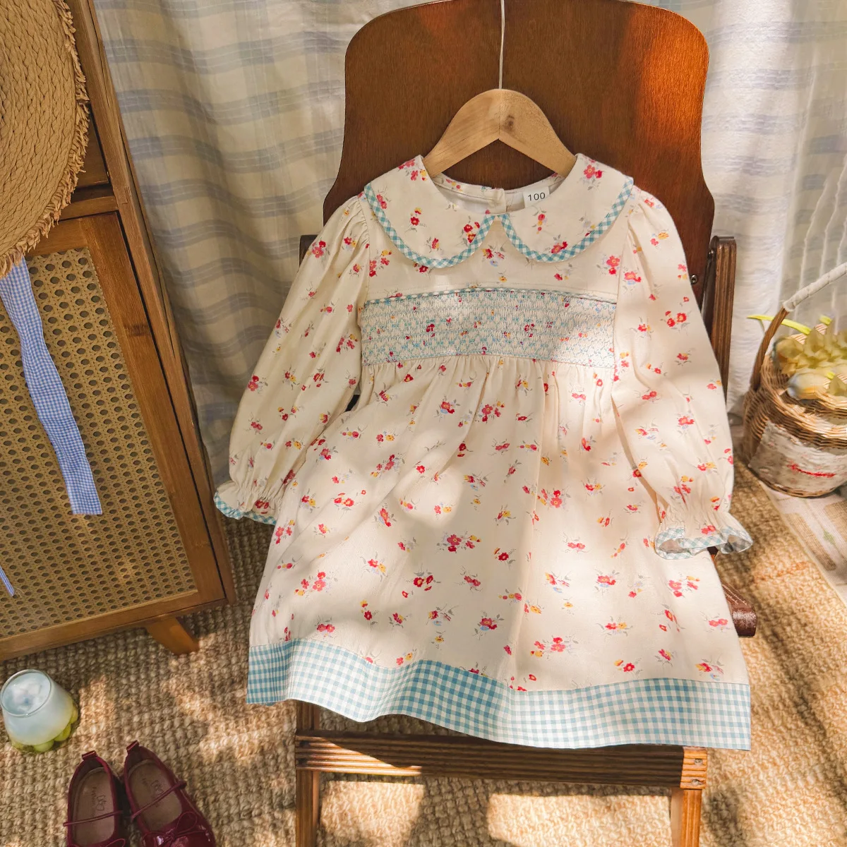 Girls French Style Color Block Plaid Peter Pan Collar Dress Smocked Floral Cotton Kids Dress 2026 Autumn Sweet Baby Dress