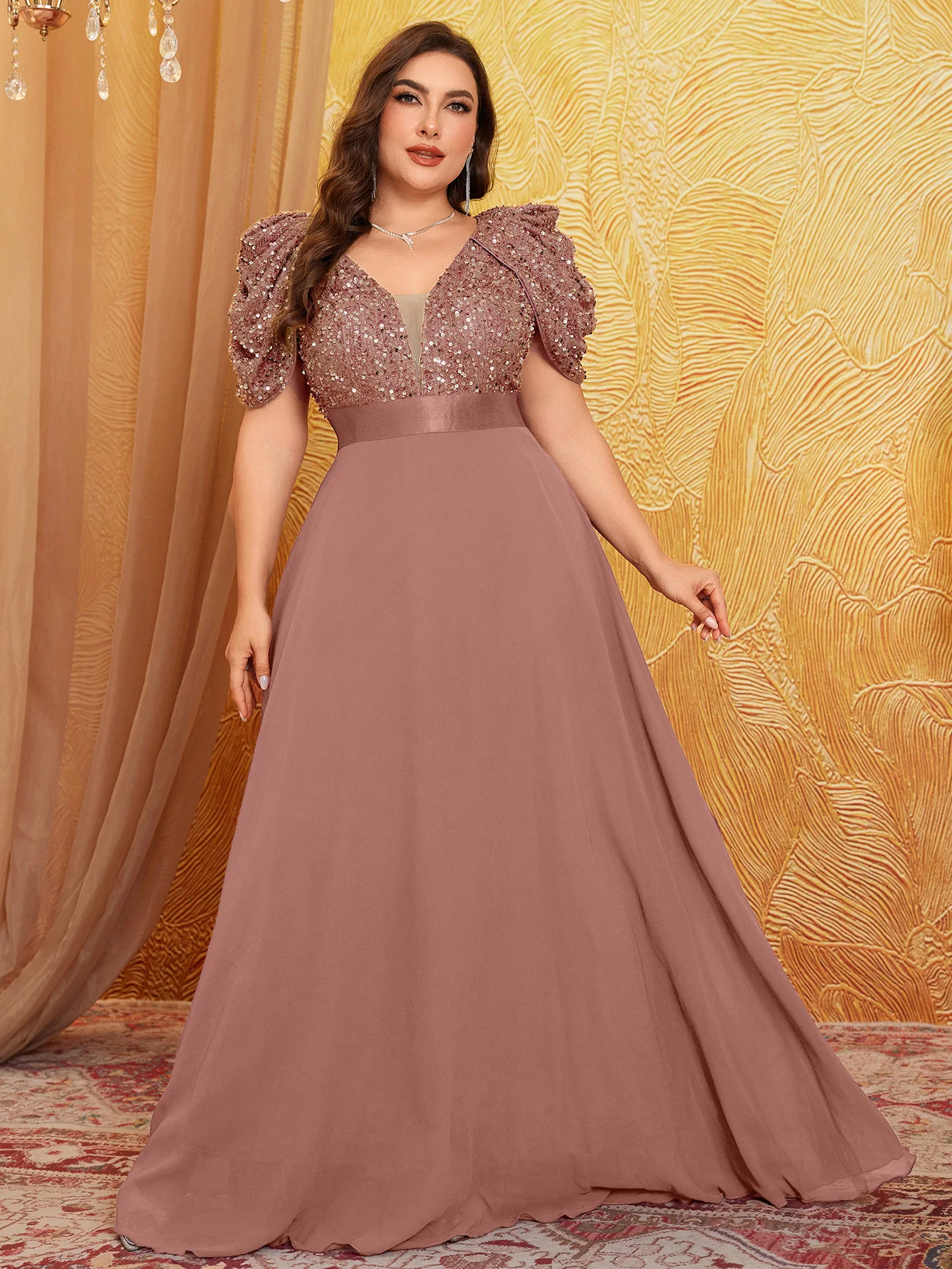 

Элегантное вечернее платье больших размеров с глубоким V-образным вырезом, пышными рукавами, расклешенным подолом, завязками на талии и пайетками, для торжественных мероприятий, вечеринок, свадеб