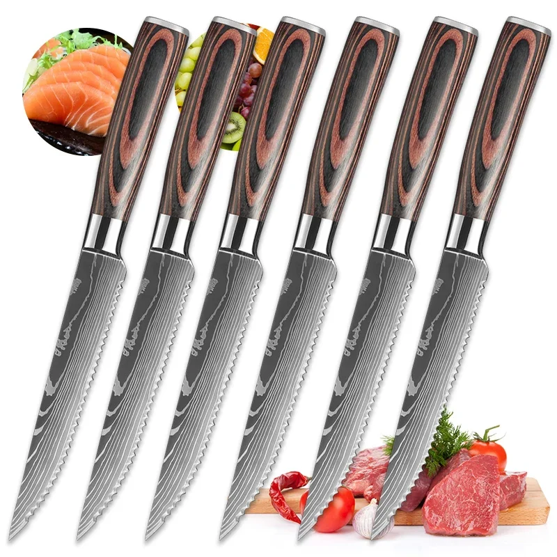 عالية الكربون الفولاذ المقاوم للصدأ مسننة شفرة حادة ستيك سكين مقبض الأسماك الخضار تصفيح الفولاذ المقاوم للصدأ سكين التقطيع #1