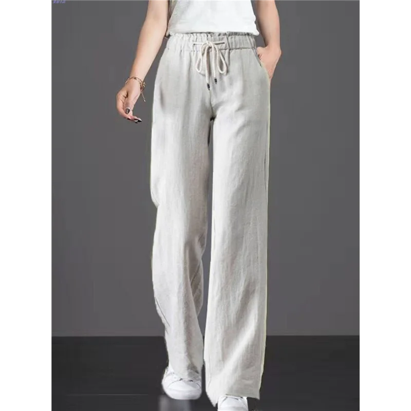 بنطلونات كاجوال عالية الخصر مستقيمة الساق من مزيج القطن، بنطلونات واسعة ورفيعة للنساء، متعددة الاستخدامات ومريحة وفضفاضة.