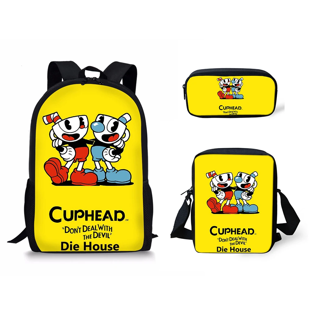 Mochilas escolares clásicas con estampado 3D de Cuphead, bolso de hombro inclinado para ordenador portátil, estuche para lápices, 3 unidades por juego