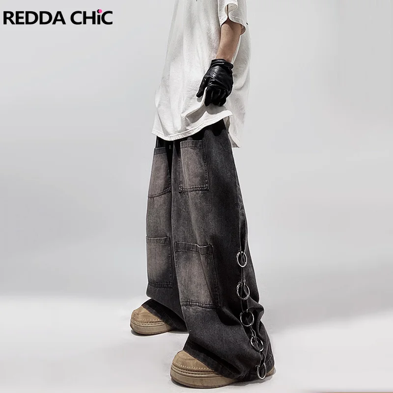 

REDDACHIC Men's Cargo Pants with Metal Rings Oversized Elastic Waist Baggy Jeans Casual Wide Leg Hiphop Trousers Vintage Clothes