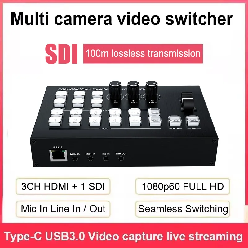 SDI HDMI Video Switcher 4 Channel Multi Camera Streaming Live Production Video Mixer Switcher Broadcasting Station Type C Record