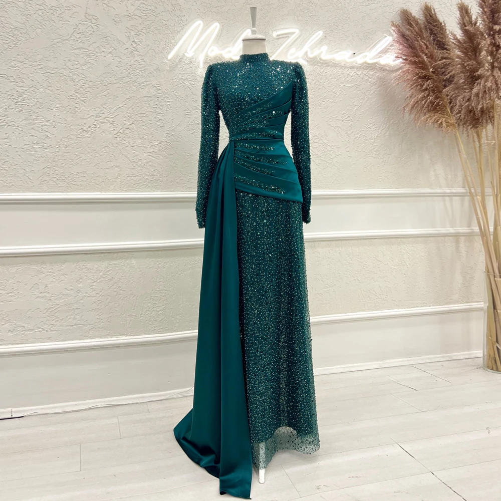 Emerald Green Abendkleider 2024 Glitter Evening Dresses Women High Neck Full Sleeves Formal Dress Islamic Muslim Robes De Soirée