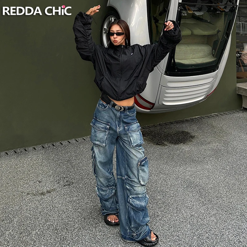 ReddaChic Multi-pocket Label Baggy Jeans Women Vintage High Rise Pintuck Adjustable Wide Leg Cargo Pants Dancer Hiphop Workwear