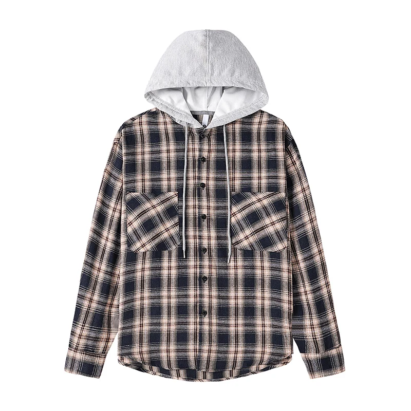 

Autumn and Spring New Fashion Trend Retro Sports Plaid Hooded Shirt Men's Casual Loose Comfortable Plus Size Long Sleeve Shirt