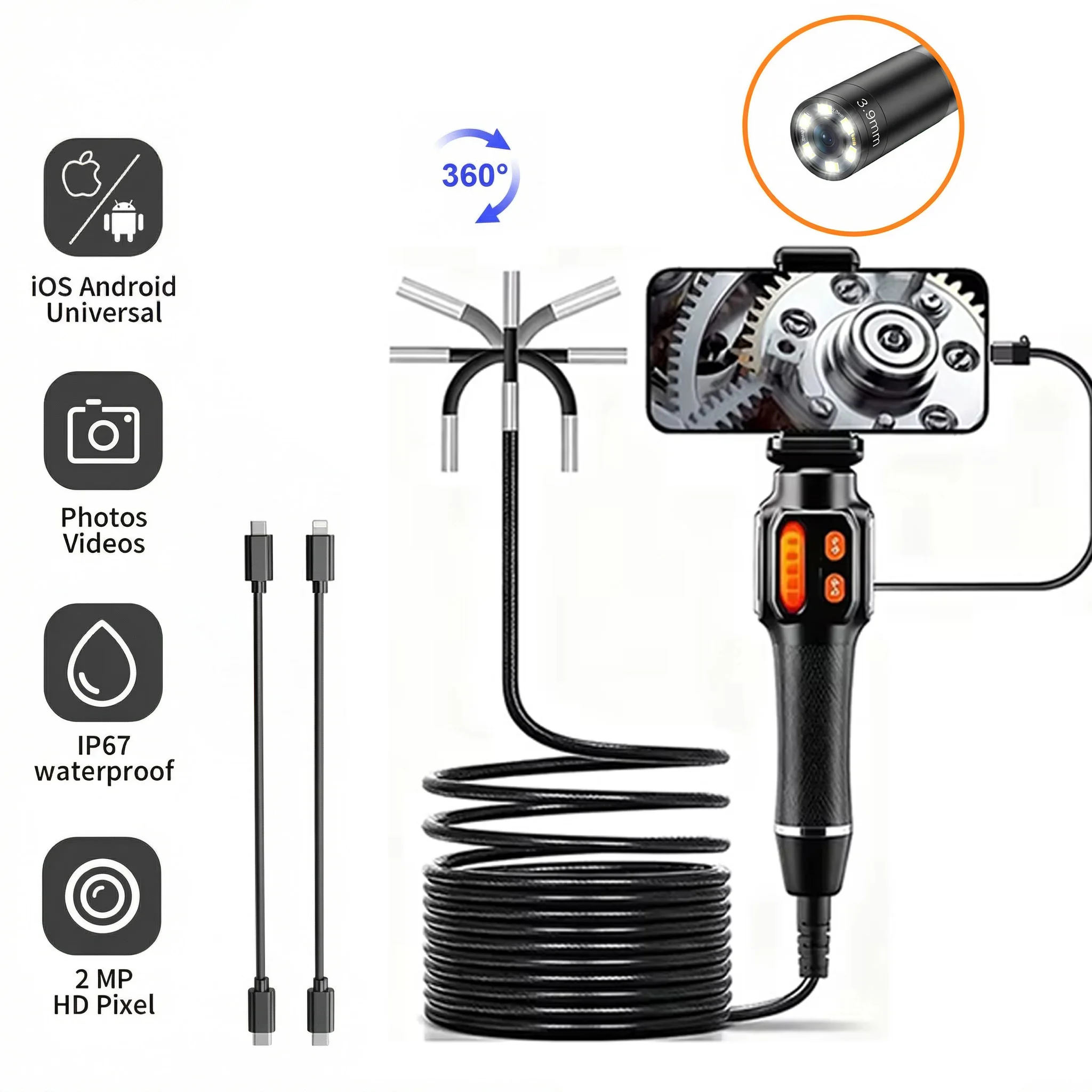 HD 1080P Articulating Borescope Camera 3.9mm/6.2mm 360° Car Inspection Industrial Endoscope Endoscope for Android/iOS Phone