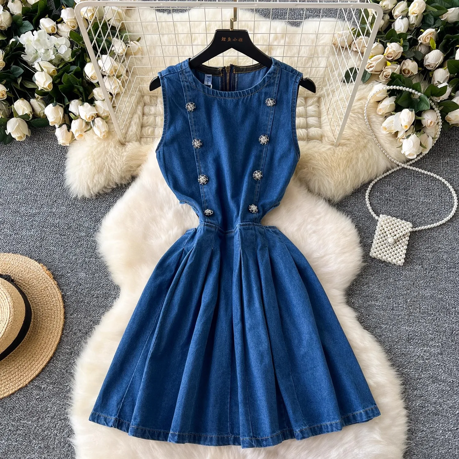 Chic Women Sleevless Denim Mini Dress Waist Hollow Out Peatl Button O Neck Tank Summer Cute Party Casual Dresses