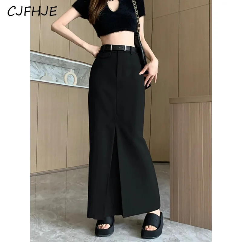 CJFHJE Design Fashion Khaki Grey Skirt with Belt Korean Elegant Office Ladies Slim Fit Long Shirt Skirt Plain Suit Skirts Women