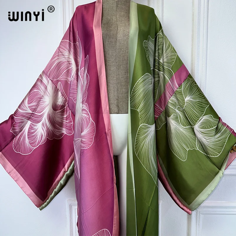 WINYI Kimono damskie letnie nadruk boho sweter z długim rękawem bluzka damska abaya stroje plażowe kobiety zakrywają boho maxi sukienkę