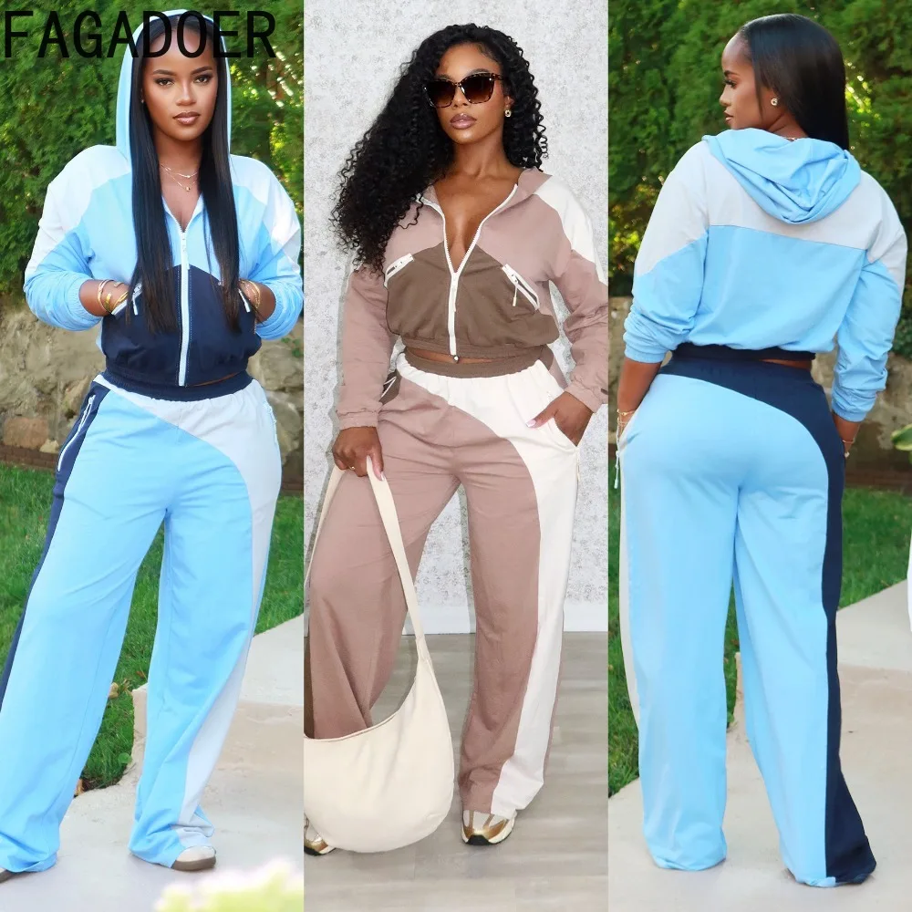 FAGADOER Новый зимний повседневный комплект из 2 предметов с цветными блоками для женщин, укороченный топ с карманами на молнии и брюки в стиле пэчворк, женская уличная одежда