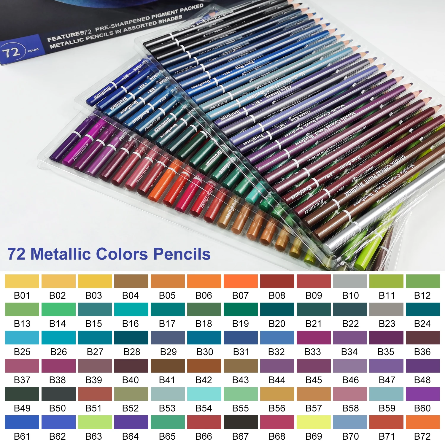 12/24/50/72-Color Metallic Pencil Set - Vibrant, Soft Wood Sketch & Drawing Pencils, Pre-Sharpened,Assorted Shades