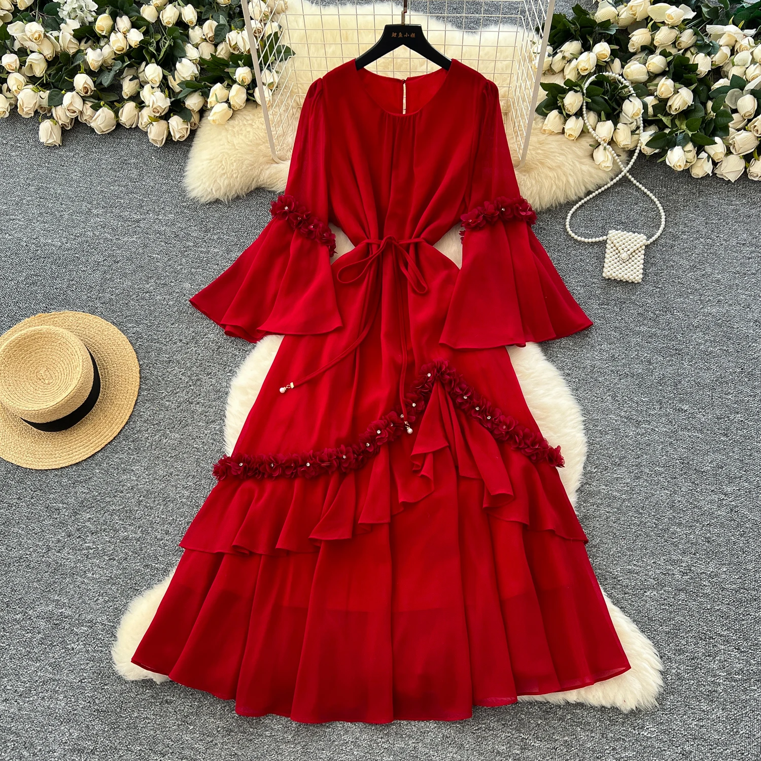 Schickes Vintage-gesticktes, ausgestelltes Kleid mit ausgestellten Ärmeln, elegante französische Mode, Fairycore, lässiges Sommer-langes Kleid, Zeremonienkleider